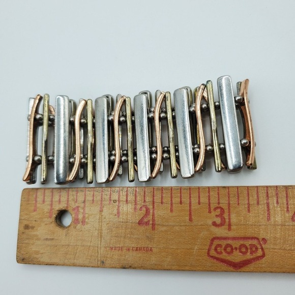 Tri Tone Slat Bracelet Stretch Gold Silver Rose Tone Womens Fashion Jewelry - Picture 7 of 8